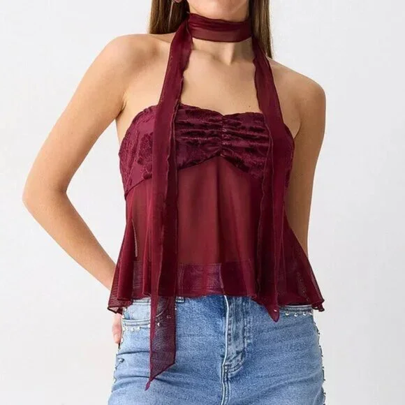 Pretty Garbage 2-Piece Set: Flocked flowers mesh scarf and tube top set - Picture 3 of 3